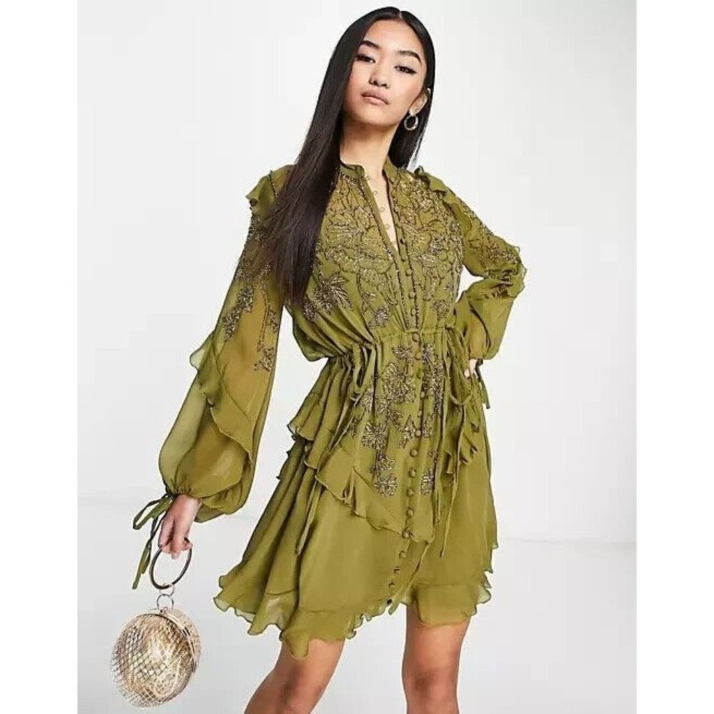 ASOS Olive Green Embroidered Mini Dress